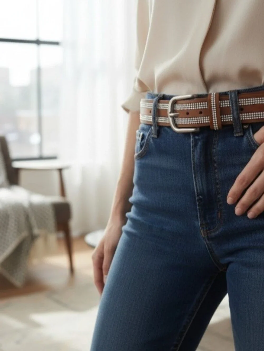 Womens Size XL Brown Leather Belt Parallel Rows Rhinestones Silver-toned Buckle.